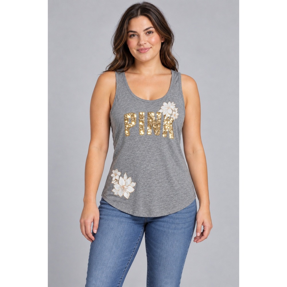 Victorias Secret PINK Tank Top Gray Gold Sequin Logo Floral Embroidered Large